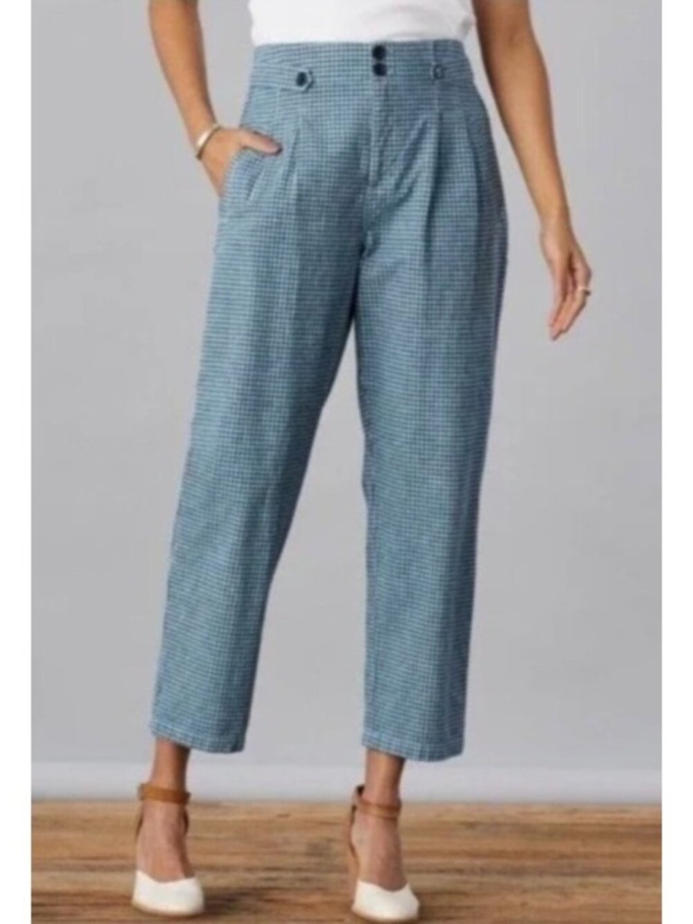 NEW Sundance Gingham High-Rise Pleated Relaxed Fit Trousers 2 Blue Black Brown